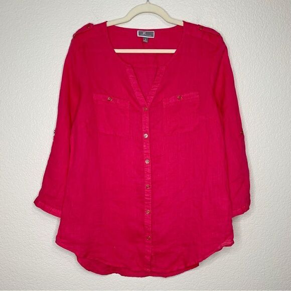 JM Collection 100% Linen Pink Button Down Women’s Shirt - Picture 1 of 13